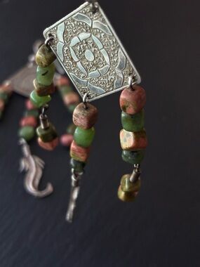 Boho Feather Dangle Earrings with Green and Pink Beads